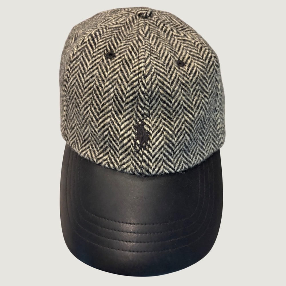 Vintage Polo Ralph Lauren Herringbone Wool Leather Bill Hat Grey Black RN 41381